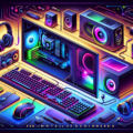 Create a vivid and contemporary illustration that depicts the fundamentals of PC Gaming for beginners. The image should include detailed elements such as a gaming console, a high performance monitor, a keyboard with backlit keys, an adaptive mouse, comfortable headphones, and powerful speakers. A computer case with RGB lighting and advanced cooling could also be included. Everything should be arranged in an inviting and user-friendly way to signify that it's a beginner's guide. This is entirely pictorial, with no labelled parts or written instructions.