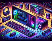 Create a vivid and contemporary illustration that depicts the fundamentals of PC Gaming for beginners. The image should include detailed elements such as a gaming console, a high performance monitor, a keyboard with backlit keys, an adaptive mouse, comfortable headphones, and powerful speakers. A computer case with RGB lighting and advanced cooling could also be included. Everything should be arranged in an inviting and user-friendly way to signify that it's a beginner's guide. This is entirely pictorial, with no labelled parts or written instructions.