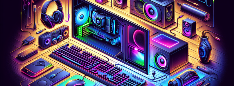 Create a vivid and contemporary illustration that depicts the fundamentals of PC Gaming for beginners. The image should include detailed elements such as a gaming console, a high performance monitor, a keyboard with backlit keys, an adaptive mouse, comfortable headphones, and powerful speakers. A computer case with RGB lighting and advanced cooling could also be included. Everything should be arranged in an inviting and user-friendly way to signify that it's a beginner's guide. This is entirely pictorial, with no labelled parts or written instructions.