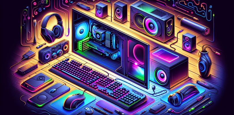 Create a vivid and contemporary illustration that depicts the fundamentals of PC Gaming for beginners. The image should include detailed elements such as a gaming console, a high performance monitor, a keyboard with backlit keys, an adaptive mouse, comfortable headphones, and powerful speakers. A computer case with RGB lighting and advanced cooling could also be included. Everything should be arranged in an inviting and user-friendly way to signify that it's a beginner's guide. This is entirely pictorial, with no labelled parts or written instructions.