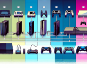 Illustrate the evolutionary journey of a game console, from its early, rudimentary state to its latest, sleek version. The transformation should be depicted in a series of stages spread across the image, with the earliest version on the far left and gradually transitioning to the latest version on the far right. Each stage should be distinct, highlighting the advancements in design, capacity, and technology over time. Use a vibrant and modern color palette, showcasing the progress in a livelier manner. Show no text or words in the illustration, let it narrate the story only through visuals.