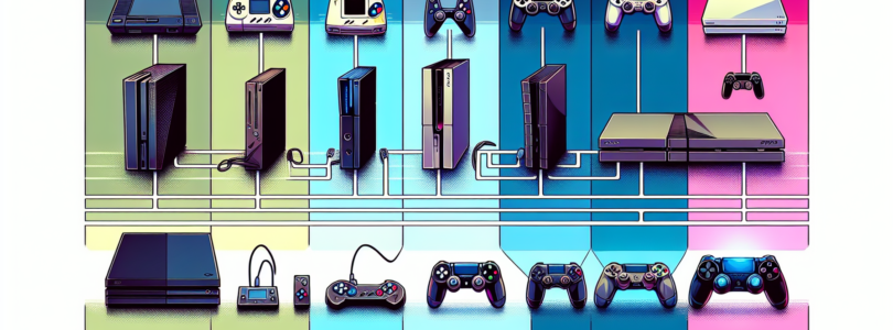 Illustrate the evolutionary journey of a game console, from its early, rudimentary state to its latest, sleek version. The transformation should be depicted in a series of stages spread across the image, with the earliest version on the far left and gradually transitioning to the latest version on the far right. Each stage should be distinct, highlighting the advancements in design, capacity, and technology over time. Use a vibrant and modern color palette, showcasing the progress in a livelier manner. Show no text or words in the illustration, let it narrate the story only through visuals.