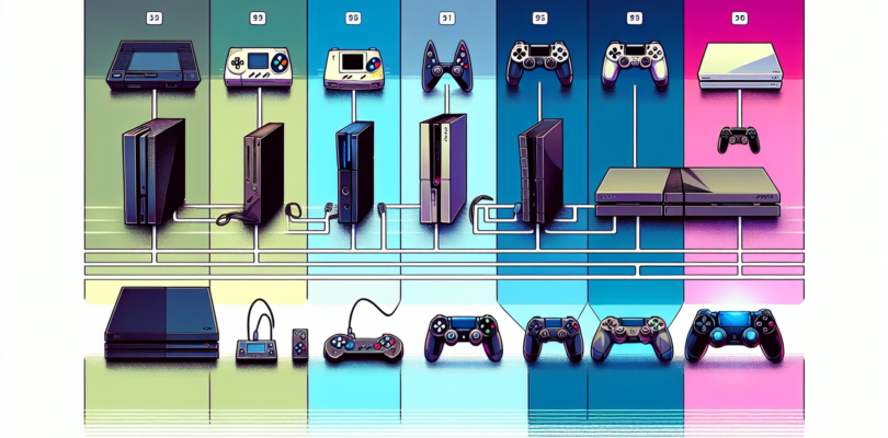 Illustrate the evolutionary journey of a game console, from its early, rudimentary state to its latest, sleek version. The transformation should be depicted in a series of stages spread across the image, with the earliest version on the far left and gradually transitioning to the latest version on the far right. Each stage should be distinct, highlighting the advancements in design, capacity, and technology over time. Use a vibrant and modern color palette, showcasing the progress in a livelier manner. Show no text or words in the illustration, let it narrate the story only through visuals.
