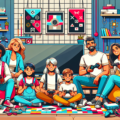 Illustrate a diverse and modern scene of a family enjoying a gaming session together. Include a group of four people with different descents such as Caucasian, Hispanic, Black, and Middle-Eastern, equally distributed across various genders. Make the setting vibrant and contemporary with elements like a large flat screen television, modern gaming consoles, colourful bean bags, and futuristic gaming accessories. In the background, enhance the joyous atmosphere by showing wall arts of retro video game icons. Emphasize the happiness and fun they are sharing in this family activity.