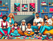 Illustrate a diverse and modern scene of a family enjoying a gaming session together. Include a group of four people with different descents such as Caucasian, Hispanic, Black, and Middle-Eastern, equally distributed across various genders. Make the setting vibrant and contemporary with elements like a large flat screen television, modern gaming consoles, colourful bean bags, and futuristic gaming accessories. In the background, enhance the joyous atmosphere by showing wall arts of retro video game icons. Emphasize the happiness and fun they are sharing in this family activity.