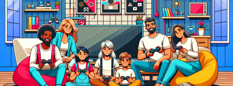 Illustrate a diverse and modern scene of a family enjoying a gaming session together. Include a group of four people with different descents such as Caucasian, Hispanic, Black, and Middle-Eastern, equally distributed across various genders. Make the setting vibrant and contemporary with elements like a large flat screen television, modern gaming consoles, colourful bean bags, and futuristic gaming accessories. In the background, enhance the joyous atmosphere by showing wall arts of retro video game icons. Emphasize the happiness and fun they are sharing in this family activity.