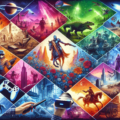 Illustrate a montage of various elements representing the latest video game releases. A blend of fantasy and modernity should be evident with striking color contrasts. The image should show scenes from space exploration, medieval conquests, wild west adventures, and futuristic cities, without specific references to any real video game. There should be a focus on innovation with unique game controllers, VR headsets, important game-playing scenes, and rewards, providing an overall exciting vibe. Remember, this is an illustrative representation of new and exciting video game releases, and no words should be included in the image.