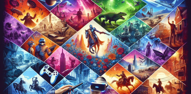 Illustrate a montage of various elements representing the latest video game releases. A blend of fantasy and modernity should be evident with striking color contrasts. The image should show scenes from space exploration, medieval conquests, wild west adventures, and futuristic cities, without specific references to any real video game. There should be a focus on innovation with unique game controllers, VR headsets, important game-playing scenes, and rewards, providing an overall exciting vibe. Remember, this is an illustrative representation of new and exciting video game releases, and no words should be included in the image.