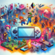 A colorful and dynamic image of a Nintendo Switch console with a variety of popular game titles floating around it, such as Super Mario Odyssey, The Legend of Zelda: Breath of the Wild, and Animal Cro