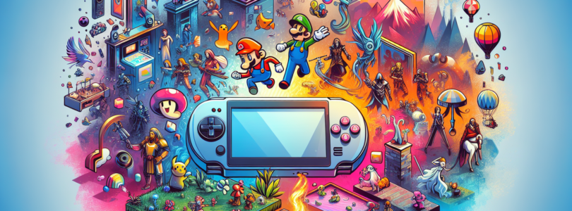 A colorful and dynamic image of a Nintendo Switch console with a variety of popular game titles floating around it, such as Super Mario Odyssey, The Legend of Zelda: Breath of the Wild, and Animal Cro