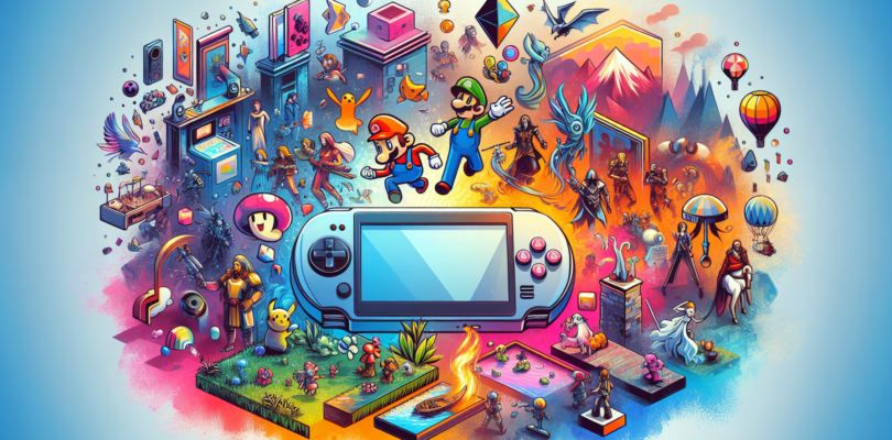 A colorful and dynamic image of a Nintendo Switch console with a variety of popular game titles floating around it, such as Super Mario Odyssey, The Legend of Zelda: Breath of the Wild, and Animal Cro