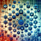 An abstract representation of the PlayStation Network, featuring interconnected nodes, icons of popular games, and a futuristic grid aesthetic