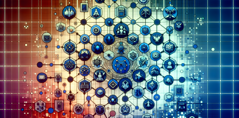 An abstract representation of the PlayStation Network, featuring interconnected nodes, icons of popular games, and a futuristic grid aesthetic