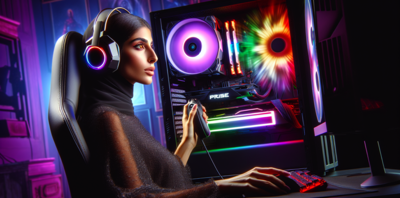 A hyperrealistic photo of a person sitting in a gaming chair, engrossed in a PC game. The person's face is lit by the bright colors of the game, and they are wearing a headset. The gaming PC is in the