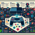 Create a detailed and vibrant infographic showcasing the key features of a generic gaming console, inspired by the modern aesthetics of the video gaming industry. Include elements such as illustrated depictions of the gaming device itself, a controller, plus representations of generic video games in various styles from fantasy to science fiction – all represented in a visually engaging format. Furthermore, visualize practical gaming tips and strategies in a way that is clear, concise, and easily digestible to viewers.