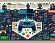 Create a detailed and vibrant infographic showcasing the key features of a generic gaming console, inspired by the modern aesthetics of the video gaming industry. Include elements such as illustrated depictions of the gaming device itself, a controller, plus representations of generic video games in various styles from fantasy to science fiction – all represented in a visually engaging format. Furthermore, visualize practical gaming tips and strategies in a way that is clear, concise, and easily digestible to viewers.