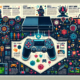 Create a detailed and vibrant infographic showcasing the key features of a generic gaming console, inspired by the modern aesthetics of the video gaming industry. Include elements such as illustrated depictions of the gaming device itself, a controller, plus representations of generic video games in various styles from fantasy to science fiction – all represented in a visually engaging format. Furthermore, visualize practical gaming tips and strategies in a way that is clear, concise, and easily digestible to viewers.