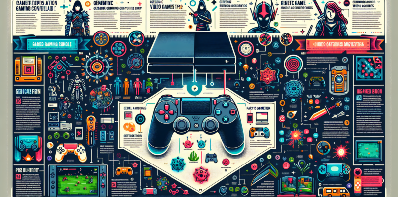 Create a detailed and vibrant infographic showcasing the key features of a generic gaming console, inspired by the modern aesthetics of the video gaming industry. Include elements such as illustrated depictions of the gaming device itself, a controller, plus representations of generic video games in various styles from fantasy to science fiction – all represented in a visually engaging format. Furthermore, visualize practical gaming tips and strategies in a way that is clear, concise, and easily digestible to viewers.