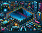 Create an imaginative representation of a cutting-edge games console showcasing its power and capabilities. Incorporate vibrant colors and a modern aesthetic. Include high-tech attributes such as futuristic controllers, unique user interface, ultra-fast processing units, revolutionary graphics hardware, and innovative storage solutions. Please do not include any logos or brand names.