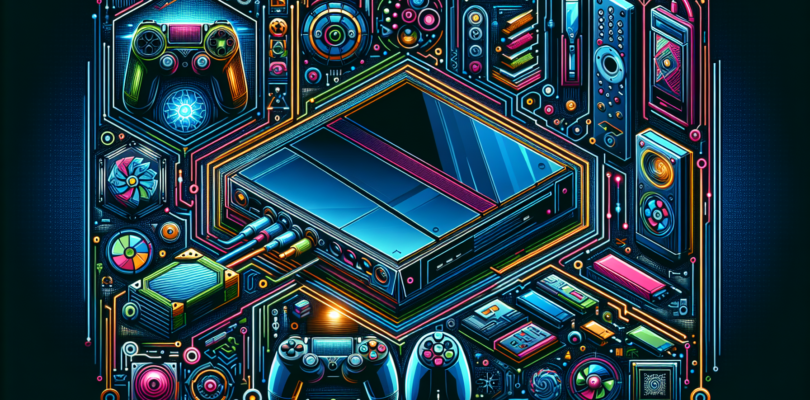 Create an imaginative representation of a cutting-edge games console showcasing its power and capabilities. Incorporate vibrant colors and a modern aesthetic. Include high-tech attributes such as futuristic controllers, unique user interface, ultra-fast processing units, revolutionary graphics hardware, and innovative storage solutions. Please do not include any logos or brand names.