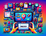 Create an image representing a comprehensive guide in unlocking various aspects of a handheld video game platform. The illustration has a vibrant array of colors and adopts a modern aesthetic. The image contains diverse elements such as gaming controllers, colorfully designed cartridges, a handheld unit with detachable controllers, online play icons, and a graphic symbolizing the unlock function. Please note, the image does not contain any textual information or branding.