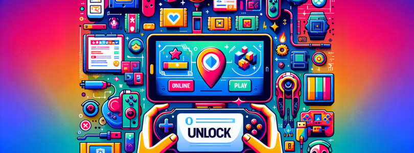 Create an image representing a comprehensive guide in unlocking various aspects of a handheld video game platform. The illustration has a vibrant array of colors and adopts a modern aesthetic. The image contains diverse elements such as gaming controllers, colorfully designed cartridges, a handheld unit with detachable controllers, online play icons, and a graphic symbolizing the unlock function. Please note, the image does not contain any textual information or branding.