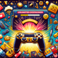 Create an illustration that symbolically represents the benefits of a generic video game subscription service, without using any words. The image should look modern and be filled with vibrant colors. Some elements could include, a game controller laying on a gold membership card radiating a glow, downloads symbol indicating unlimited downloads, an array of different game icons to denote variety, a smiling emoji to exude happiness of the gamers and a checkmark to symbolize quality assurance.