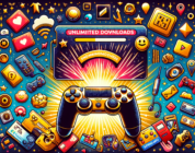 Create an illustration that symbolically represents the benefits of a generic video game subscription service, without using any words. The image should look modern and be filled with vibrant colors. Some elements could include, a game controller laying on a gold membership card radiating a glow, downloads symbol indicating unlimited downloads, an array of different game icons to denote variety, a smiling emoji to exude happiness of the gamers and a checkmark to symbolize quality assurance.