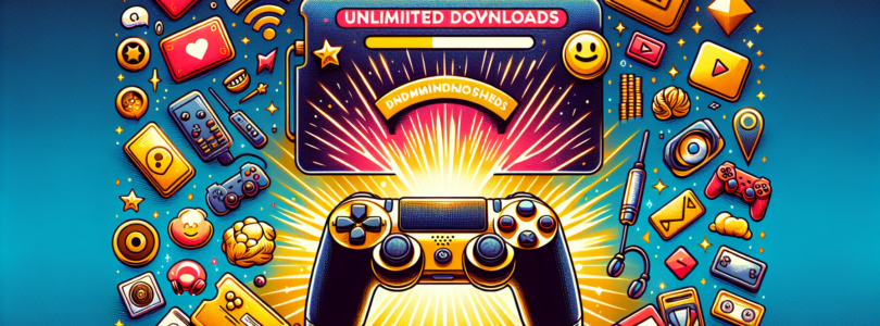 Create an illustration that symbolically represents the benefits of a generic video game subscription service, without using any words. The image should look modern and be filled with vibrant colors. Some elements could include, a game controller laying on a gold membership card radiating a glow, downloads symbol indicating unlimited downloads, an array of different game icons to denote variety, a smiling emoji to exude happiness of the gamers and a checkmark to symbolize quality assurance.