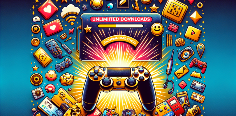 Create an illustration that symbolically represents the benefits of a generic video game subscription service, without using any words. The image should look modern and be filled with vibrant colors. Some elements could include, a game controller laying on a gold membership card radiating a glow, downloads symbol indicating unlimited downloads, an array of different game icons to denote variety, a smiling emoji to exude happiness of the gamers and a checkmark to symbolize quality assurance.