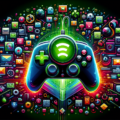 A glossy, high-tech Xbox controller with a glowing green Game Pass symbol in the center, surrounded by a vibrant array of video game icons and characters representing the diverse games available on th