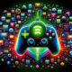 A glossy, high-tech Xbox controller with a glowing green Game Pass symbol in the center, surrounded by a vibrant array of video game icons and characters representing the diverse games available on th