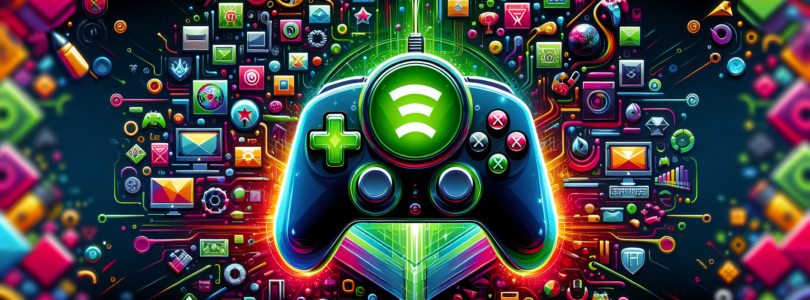 A glossy, high-tech Xbox controller with a glowing green Game Pass symbol in the center, surrounded by a vibrant array of video game icons and characters representing the diverse games available on th