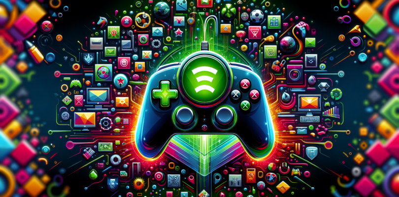 A glossy, high-tech Xbox controller with a glowing green Game Pass symbol in the center, surrounded by a vibrant array of video game icons and characters representing the diverse games available on th