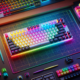 A high-angle photograph of a mechanical keyboard laid out on a colorful desk mat. The keyboard has RGB lighting and a variety of keycaps.