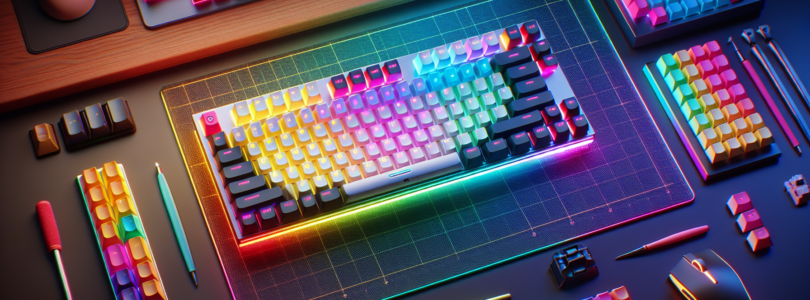 A high-angle photograph of a mechanical keyboard laid out on a colorful desk mat. The keyboard has RGB lighting and a variety of keycaps.