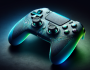 A sleek and ergonomic Xbox Series controller with a textured surface for enhanced grip, featuring a vibrant color gradient fading from neon green to blue and adorned with symbolic patterns representin