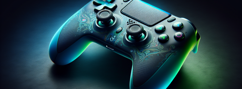 A sleek and ergonomic Xbox Series controller with a textured surface for enhanced grip, featuring a vibrant color gradient fading from neon green to blue and adorned with symbolic patterns representin