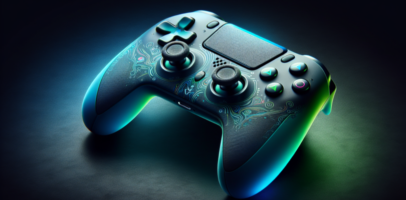 A sleek and ergonomic Xbox Series controller with a textured surface for enhanced grip, featuring a vibrant color gradient fading from neon green to blue and adorned with symbolic patterns representin