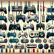 An evolution of video game controllers through the ages, depicted in a single image. Each controller should be a unique and iconic design, representing a different era of gaming history. The controlle