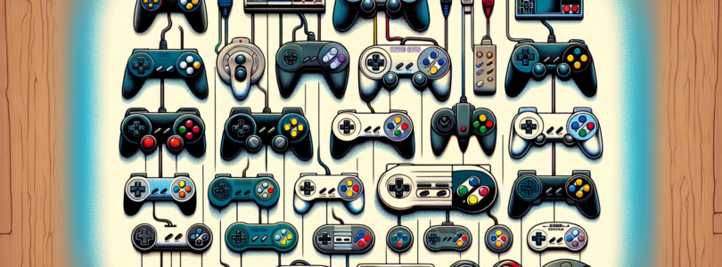 An evolution of video game controllers through the ages, depicted in a single image. Each controller should be a unique and iconic design, representing a different era of gaming history. The controlle
