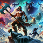 An epic digital painting of Kratos, the protagonist of the God of War series, standing atop a mountain under a stormy sky, wielding his signature Leviathan Axe, with mythological creatures of Greek an