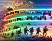 Digital artwork depicting a timeline of video game controllers from the Battlefield series, transitioning from classic to modern, set on a dynamic battlefield background with evolving graphics from 20