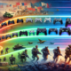 Digital artwork depicting a timeline of video game controllers from the Battlefield series, transitioning from classic to modern, set on a dynamic battlefield background with evolving graphics from 20