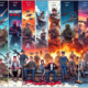 Digital artwork of a timeline showcasing various Call of Duty video game covers from its inception to the latest release, featuring key characters and significant gameplay elements, set against a dyna
