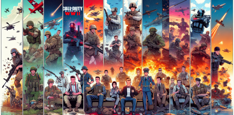 Digital artwork of a timeline showcasing various Call of Duty video game covers from its inception to the latest release, featuring key characters and significant gameplay elements, set against a dyna