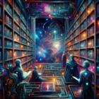 An artistically rendered cosmic library with shelves stocked with holographic books and scrolls detailing the expansive universe of Star Wars series, illuminated under a starry galaxy sky, with iconic