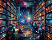 An artistically rendered cosmic library with shelves stocked with holographic books and scrolls detailing the expansive universe of Star Wars series, illuminated under a starry galaxy sky, with iconic