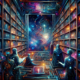 An artistically rendered cosmic library with shelves stocked with holographic books and scrolls detailing the expansive universe of Star Wars series, illuminated under a starry galaxy sky, with iconic