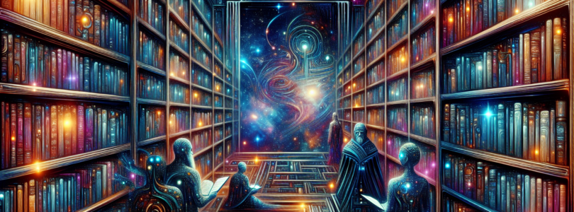 An artistically rendered cosmic library with shelves stocked with holographic books and scrolls detailing the expansive universe of Star Wars series, illuminated under a starry galaxy sky, with iconic
